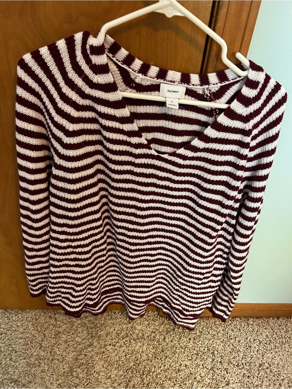Old Navy Burgundy and White Striped V-Neck Sweater